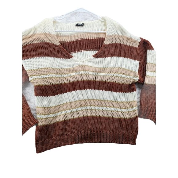 SHEILAY Sweater Women's L/S Striped Shaker Knit V-Neck Pullover Brown Large - Picture 2 of 6